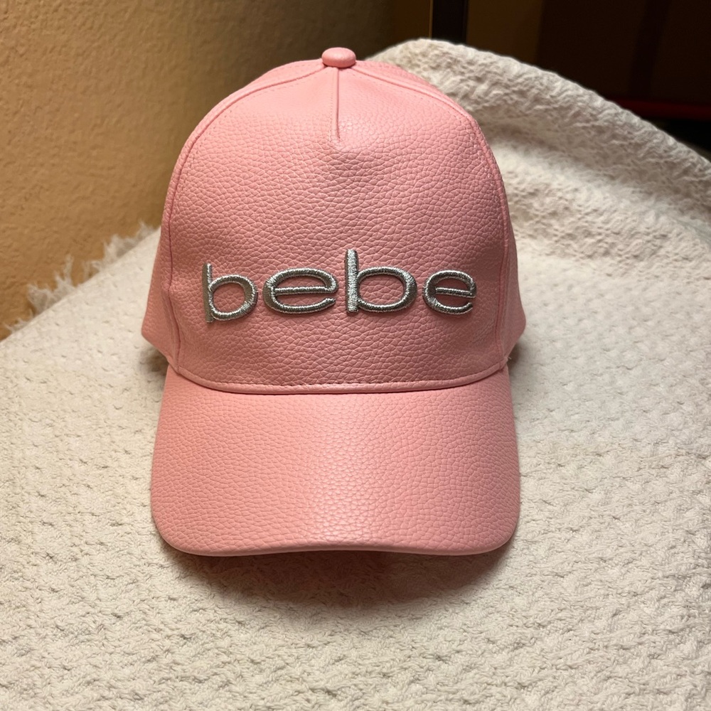 Bebe vegan leather baseball cap / hat. The "bebe" logo is embroidered in silver.
